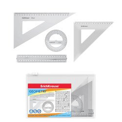 Set di geometria di grandi dimensioni in plastica ErichKrause Clear (righello con supporto, 2 squadre, goniometro), trasparente, in tasca con cerniera Set di geometria di grandi dimensioni in plastica ErichKrause Clear (righello con supporto, 2 squadre, goniometro), trasparente, in tasca con cerniera