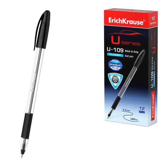 Penna a sfera ErichKrause U-109 Stick&Grip Classic 1.0, tecnologia Ultra Glide, colore inchiostro: nero (confezione da 12 pezzi)