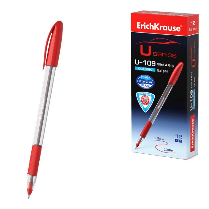 Penna a sfera ErichKrause U-109 Stick&Grip Classic 1.0, tecnologia Ultra Glide, colore inchiostro: rosso (confezione da 12 pezzi)