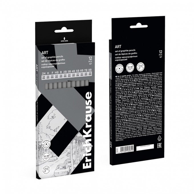 Set di 12 matite di grafite ErichKrause Art, esagonali, 2Н, Н, F, HB, В, 2В, 3В, 4В, 5В, 6В, 7В, 8В (in scatola)