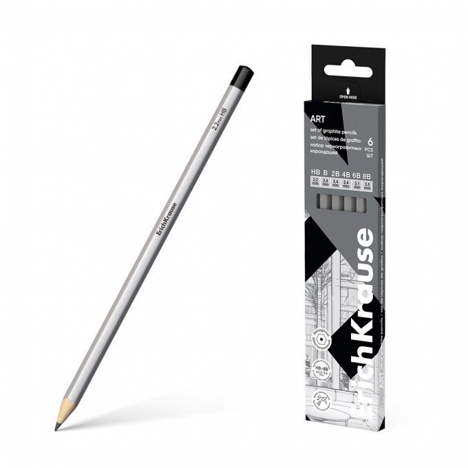 Set di 6 matite di grafite ErichKrause Art, esagonali, HB, B, 2B, 4B, 6B, 8B (in confezione)