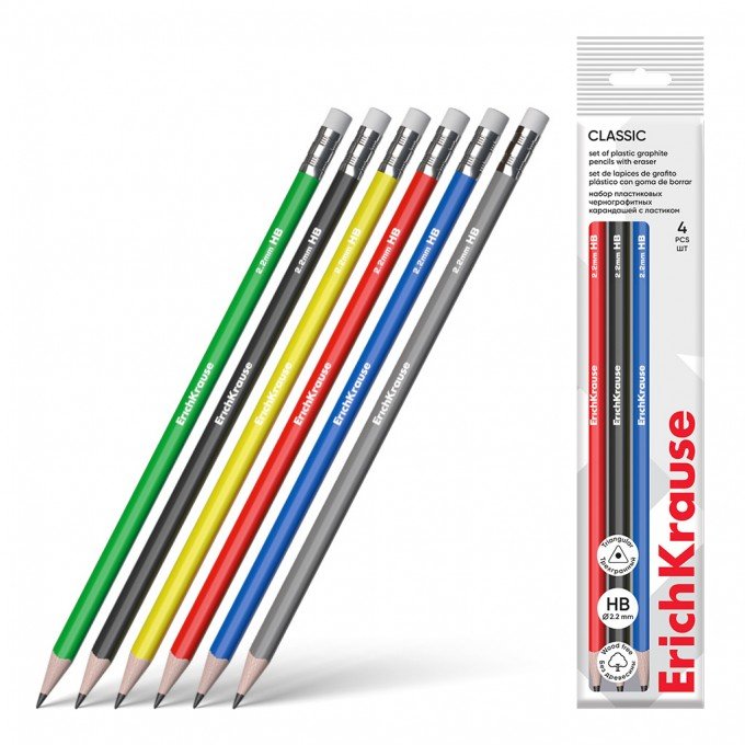 Set di 4 matite di grafite in plastica ErichKrause Classic triangolo, triangolare, con gomma, HB 