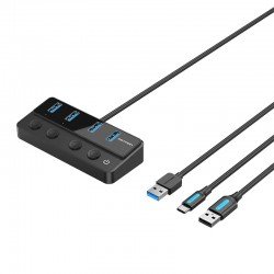 Hub USB 3.0 a 4 porte con interruttori di alimentazione individuali Vention – 1m, Nero Hub USB 3.0 a 4 porte con interruttori di alimentazione individuali Vention – 1m, Nero
