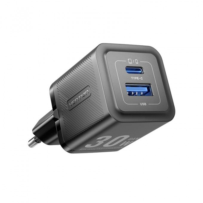 Caricatore Vention Nero GaN 2 Porte USB-C + USB-A 30W/30W – Spina EU – Ricarica Rapida e Compatta