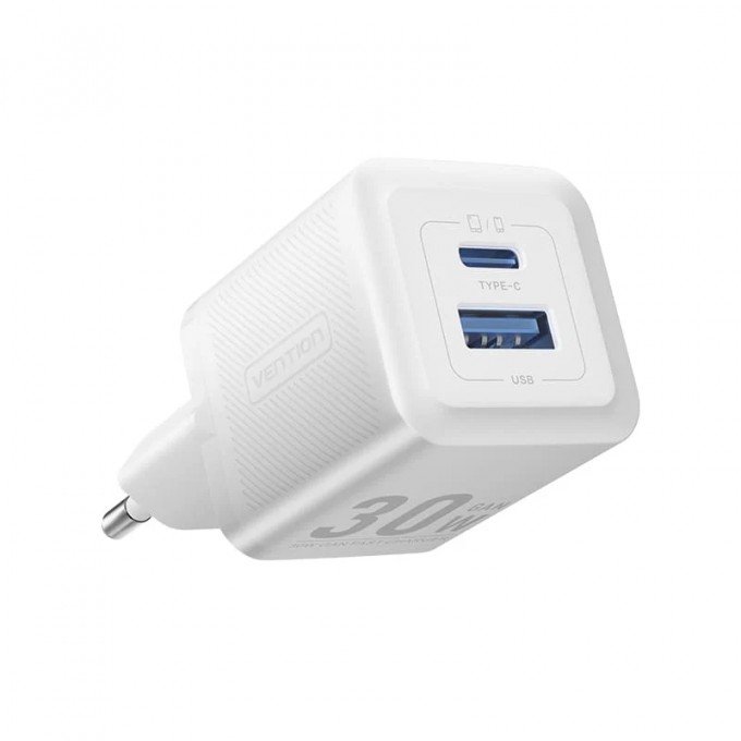 Caricatore Vention Bianco GaN 2 Porte USB-C + USB-A 30W/30W – Spina EU – Ricarica Rapida e Compatta