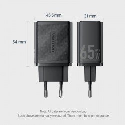 Caricatore Vention NERO GaN 3 Porte USB-C + USB-A 65W – Spina EU – Ricarica Rapida e Compatta Caricatore Vention NERO GaN 3 Porte USB-C + USB-A 65W – Spina EU – Ricarica Rapida e Compatta