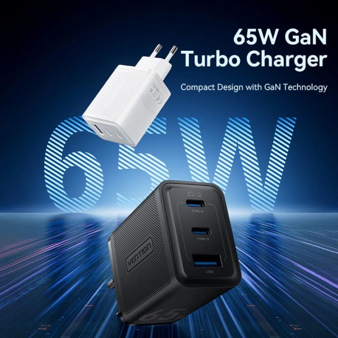 Caricatore Vention NERO GaN 3 Porte USB-C + USB-A 65W – Spina EU – Ricarica Rapida e Compatta