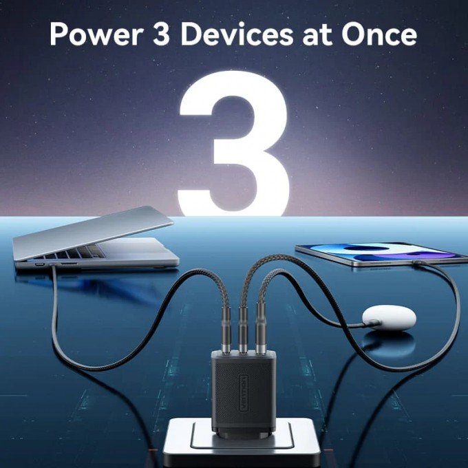 Caricatore Vention NERO GaN 3 Porte USB-C + USB-A 65W – Spina EU – Ricarica Rapida e Compatta