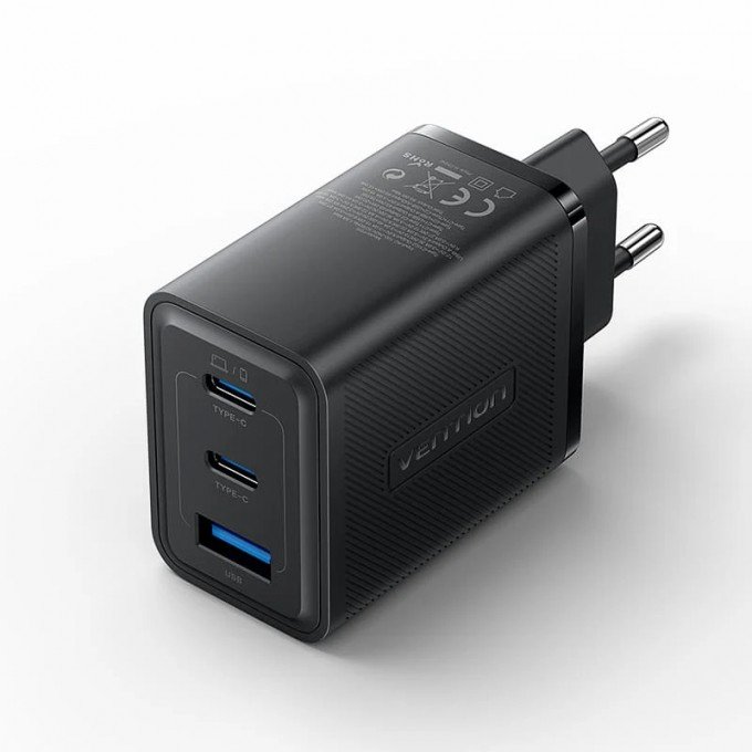 Caricatore Vention NERO GaN 3 Porte USB-C + USB-A 65W – Spina EU – Ricarica Rapida e Compatta