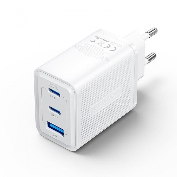 Caricatore Vention BIANCO GaN 3 Porte USB-C + USB-A 65W – Spina EU – Ricarica Rapida e Compatta