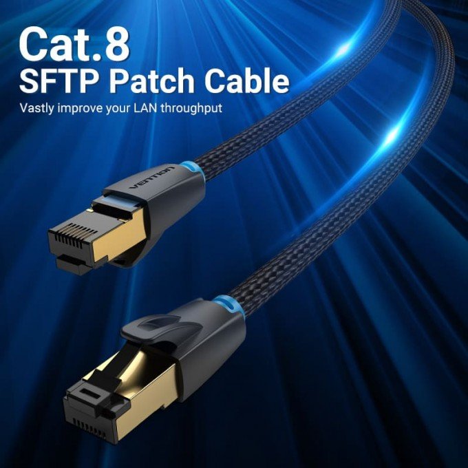 Cavo Ethernet Vention Cat 8 SFTP 2 m – 40Gbps, 2000MHz, RJ45 schermato, intrecciato in cotone nero