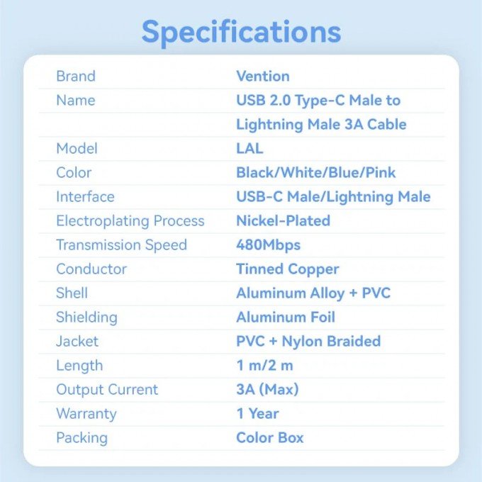 Cavo USB-C a Lightning 3A Vention Colore Nero 2 Metri – Ricarica rapida e trasferimento dati per dispositivi Apple