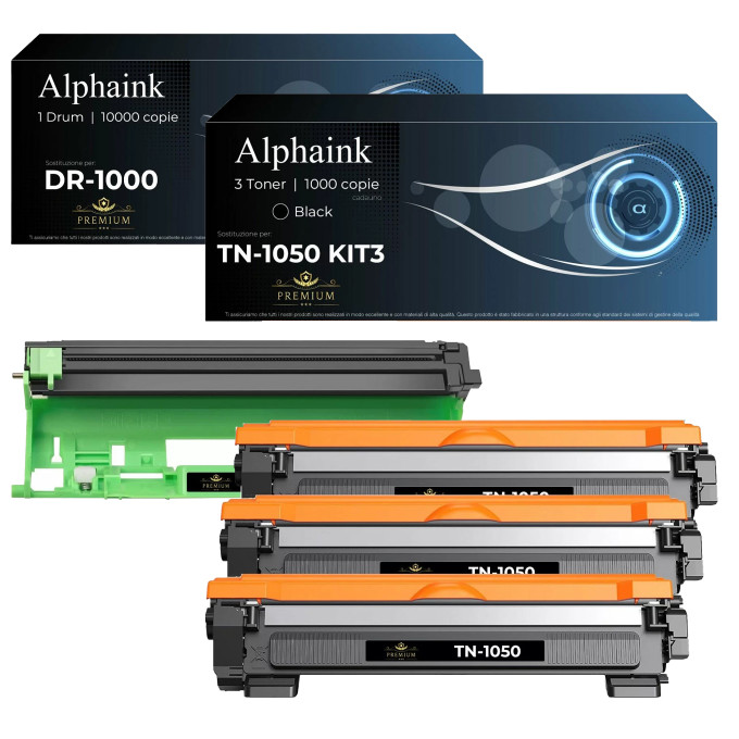 3 Toner Brother TN-1050 + Tamburo DR-1000 Nero Compatibili | AlphaInk 3 Toner Brother TN-1050 + Tamburo DR-1000 Nero Compatibili | AlphaInk