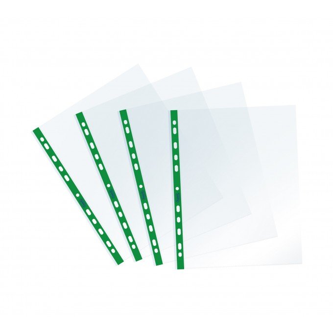 Favorit Buste Perforate, Lucide, Alto Spessore, 22 x 30 cm, 25 Pezzi, Trasparenti con Banda Colorata Verde